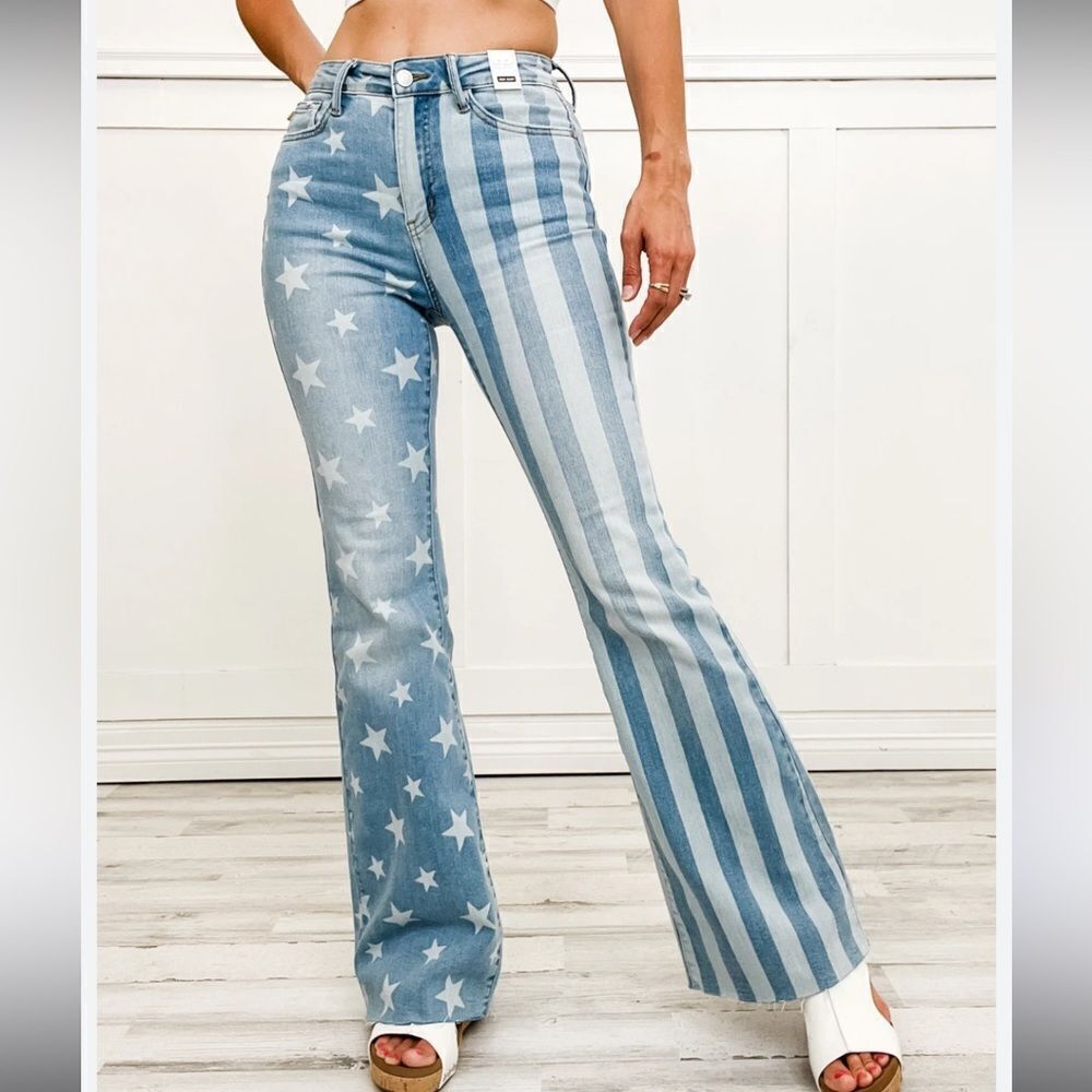 New Judy Blue High Rise Medium Wash Stars And Stripes Flare Jeans Size 16W